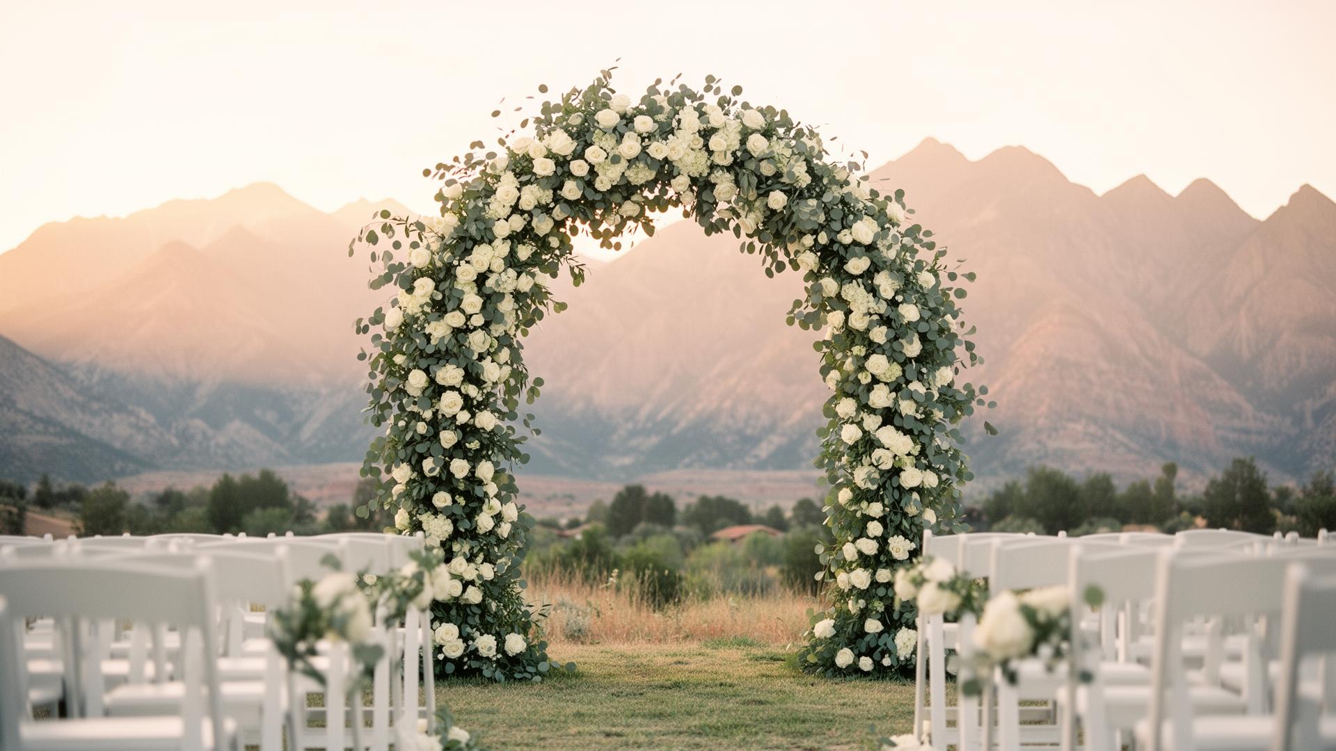 Romantic floral arch overlooking Utah mountains at a wedding ceremony